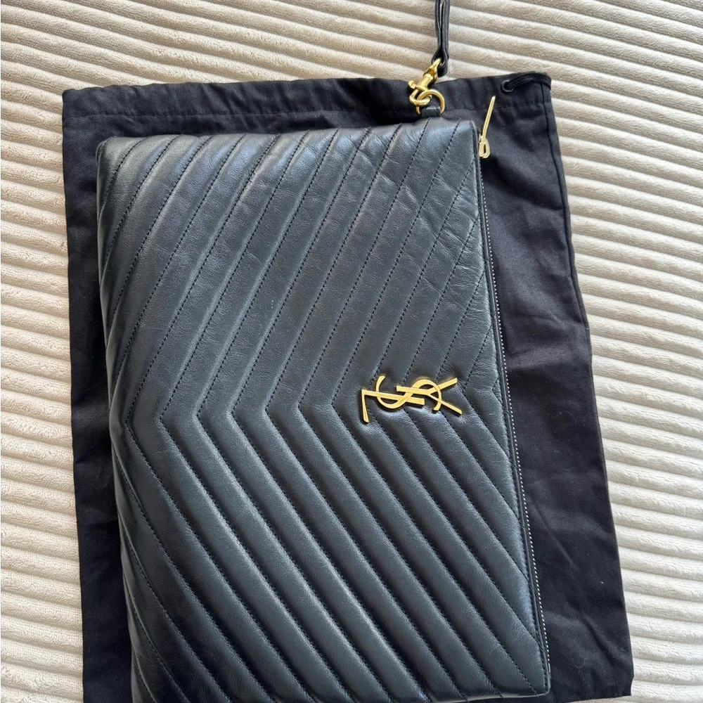 Saint Laurent Black Quilted Chevron Leather Wristlet with Gold YSL Logo - Picture 9 of 16